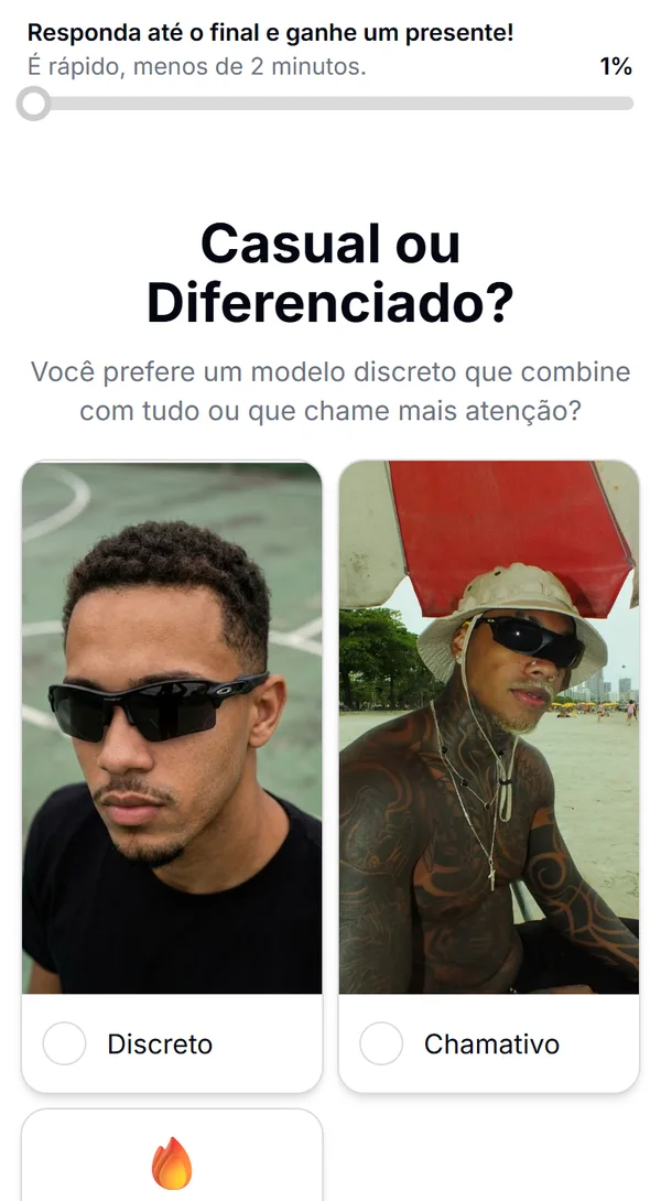 Pergunta 1 do quiz: casual ou diferenciado, com as opções Discreto e Chamativo