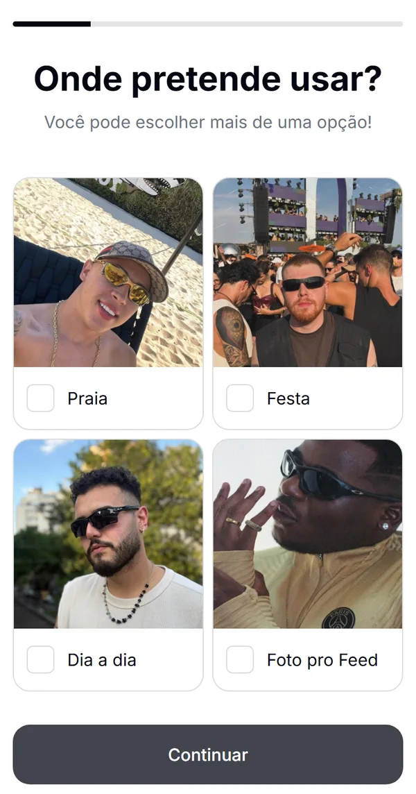 Pergunta 2 do quiz: onde pretende usar, com as opções Praia, Festa, Dia a dia e Foto pro Feed